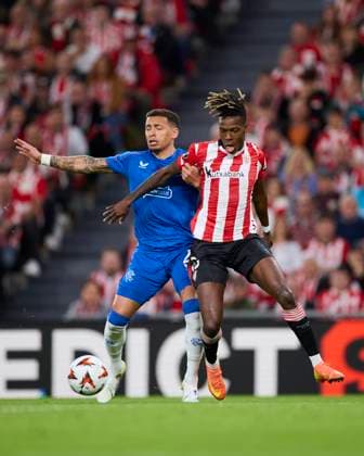 Athletic Club v Rangers FC - UEFA Europa League 2024 25 Quarter Final Second Leg James Tavernier of Rangers FC competes for the ball with Nico Williams of Athletic Club during the UEFA Europa League match between Athletic Club and Rangers FC at San Mames on April 17, 2025, in Bilbao, Spain. Bilbao San Mames Basque Country Spain RL_ATHvRFC_EL_000042 Copyright: xRicardoxLarreinax