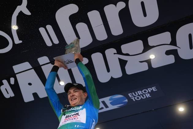Zimmermann Georg Of IntermarchÃ - Wanty the winner on the final podium after the Giro d™Abruzzo, final stage from Corropoli to Isola del Gran Sasso (Santuario di San Gabriele (164 km) - Abruzzo, Italy - Friday, April 18, 2025. - cycling .  Copyright: xMassimoxPaolone LaPressex