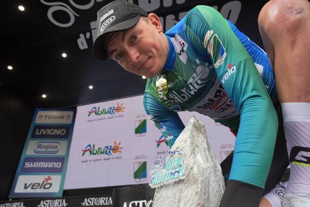 Zimmermann Georg Of IntermarchÃ - Wanty winner on the podium after the Giro d™Abruzzo, final stage from Corropoli to Isola del Gran Sasso (Santuario di San Gabriele (164 km) - Abruzzo, Italy - Friday, April 18, 2025. - cycling .  Copyright: xMarcoxAlpozzi LaPressex