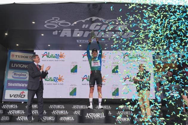 Zimmermann Georg Of IntermarchÃ - Wanty winner on the podium after the Giro d™Abruzzo, final stage from Corropoli to Isola del Gran Sasso (Santuario di San Gabriele (164 km) - Abruzzo, Italy - Friday, April 18, 2025. - cycling .  Copyright: xMarcoxAlpozzi LaPressex