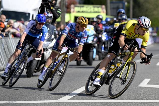 British Peter Joseph Blackmore of Israel-Premier Tech, Belgian Remco Evenepoel of Soudal Quick-Step and Belgian Wout van Aert of Team Visma-Lease a Bike pictured in action during the men s Brabantse Pijl one day cycling race, 162,5km from Huizingen, Beersel to Overijse on Friday 18 April 2025. TOM GOYVAERTS TomxGoyvaerts  x121152553x