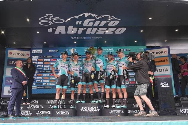 Team Vf Group Bardianicsf-Faizane on the podium after the Giro d™Abruzzo, final stage from Corropoli to Isola del Gran Sasso (Santuario di San Gabriele (164 km) - Abruzzo, Italy - Friday, April 18, 2025. - cycling .  Copyright: xMarcoxAlpozzi LaPressex