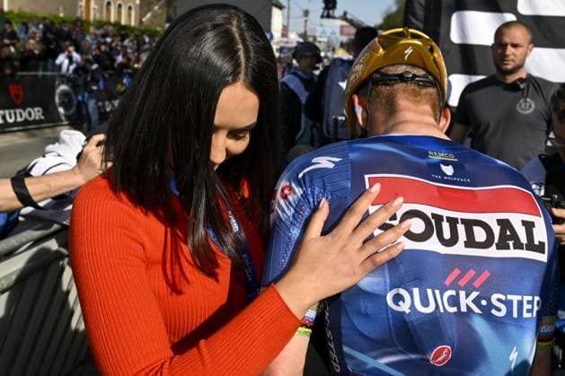 Belgian Remco Evenepoel and his wife Oumi Rayane pictured after the men s Brabantse Pijl one day cycling race, 162,5km from Huizingen, Beersel to Overijse on Friday 18 April 2025. TOM GOYVAERTS TomxGoyvaerts  x121159342x