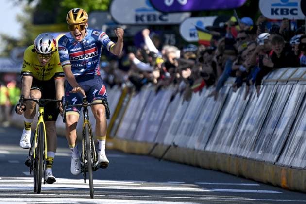 Belgian Remco Evenepoel of Soudal Quick-Step celebrates after winning the men s Brabantse Pijl one day cycling race, 162,5km from Huizingen, Beersel to Overijse on Friday 18 April 2025. TOM GOYVAERTS TomxGoyvaerts  x121159777x