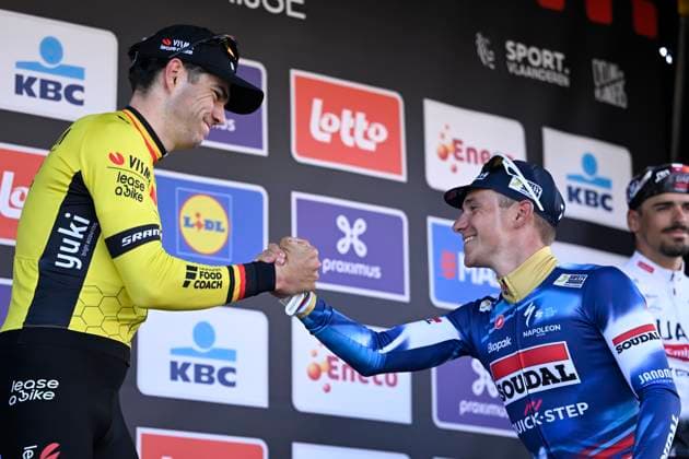Brabantse Pijl 2025 cycling race OVERIJSE, BELGIUM - APRIL 18 : Morgado António (POR) of UAE Team Emirates - XRG, Evenepoel Remco (BEL) of Soudal - Quick Step and Van Aert Wout (BEL) of Team Visma - Lease a Bike pictured during the podium ceremony of the Men Elite UCI 1.Pro 65th Flanders Classics Brabantse Pijl cycling race with start in Beersel and finish in Overijse (175,4 km) on April 18, 2025 in Overijse, Belgium, 18 04 2025 ( Motordriver Kenny Verfaillie & Overijse Belgium  Copyright: xNicoxVereeckenx