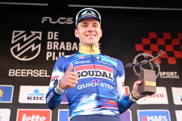 Brabantse Pijl 2025 cycling race OVERIJSE, BELGIUM - APRIL 18 : Evenepoel Remco (BEL) of Soudal - Quick Step pictured during the podium ceremony of during the Men Elite UCI 1.Pro 65th Flanders Classics Brabantse Pijl cycling race with start in Beersel and finish in Overijse (175,4 km) on April 18, 2025 in Overijse, Belgium, 18 04 2025 ( Motordriver Kenny Verfaillie & Overijse Belgium  Copyright: xNicoxVereeckenx