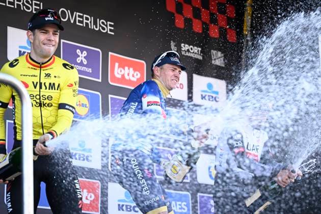 Brabantse Pijl 2025 cycling race OVERIJSE, BELGIUM - APRIL 18 : Van Aert Wout (BEL) of Team Visma - Lease a Bike, Evenepoel Remco (BEL) of Soudal - Quick Step and Morgado António (POR) of UAE Team Emirates - XRG pictured during the podium ceremony of the Men Elite UCI 1.Pro 65th Flanders Classics Brabantse Pijl cycling race with start in Beersel and finish in Overijse (175,4 km) on April 18, 2025 in Overijse, Belgium, 18 04 2025 ( Motordriver Kenny Verfaillie & Overijse Belgium  Copyright: xNicoxVereeckenx