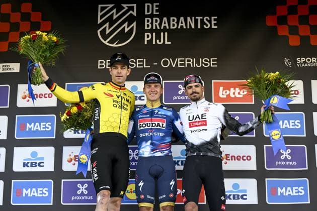 Belgian Wout van Aert of Team Visma-Lease a Bike, Belgian Remco Evenepoel of Soudal Quick-Step and Portuguese Antonio Morgado of UAE Team Emirates pictured on the podium after the men s Brabantse Pijl one day cycling race, 162,5km from Huizingen, Beersel to Overijse on Friday 18 April 2025. TOM GOYVAERTS TomxGoyvaerts  x121161838x