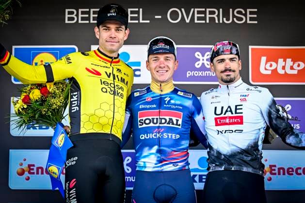 Brabantse Pijl 2025 cycling race OVERIJSE, BELGIUM - APRIL 18 : Van Aert Wout (BEL) of Team Visma - Lease a Bike, Evenepoel Remco (BEL) of Soudal - Quick Step and Morgado António (POR) of UAE Team Emirates - XRG during the Men Elite UCI 1.Pro 65th Flanders Classics Brabantse Pijl cycling race with start in Beersel and finish in Overijse (175,4 km) on April 18, 2025 in Overijse, Belgium, 18 04 2025 ( Motordriver Kenny Verfaillie & Overijse Belgium  Copyright: xJanxDexMeuleneirx