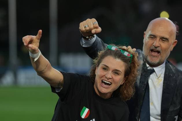 Biella, Italy, 18th April 2025. Cristiana Girelli of Juventus and Massimiliano Canzi Head coach of Juventus celebrate the club™s sixth league title following the Juventus Women vs AC Milan Women Serie A Femminile match at Stadio Vittorio Pozzo, Biella. Picture credit should read: Jonathan Moscrop Sportimage EDITORIAL USE ONLY. No use with unauthorised audio, video, data, fixture lists, club league logos or live services. Online in-match use limited to 120 images, no video emulation. No use in betting, games or single club league player publications. SPI_080_JM_JUVE_MILAN_FEMM_ SPI-3835-0080