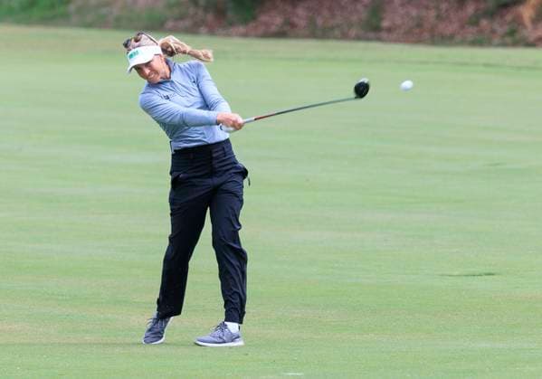 April 18, 2025, Tarzana, California, USA: Sophia Popov makes a fairway shot during the second round of the JM Eagle LA Championship presented by Plastpro on Friday April 18, 2025 at El Caballero Country Club in Tarzana, California. ARIANA RUIZ PI Tarzana USA - ZUMAp124 20250418_zaa_p124_024 Copyright: xArianaxRuizx