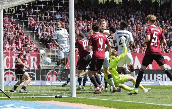 19 04 2024 Soccer Season 2024 2025 2 Soccer Bundesliga 30 Matchday 1 FC Nürnberg FCN Club SC Paderborn 07 SCP Sportfoto Zink DaMa xdaxmax DFL regulations prohibit any use of photographs as image sequences and or quasi video only for editorial use Tor Treffer Torschuß zum 1 1 Torschütze Tjark Scheller 25, SC Paderborn 07