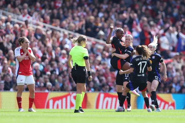 London, England, 19th April 2025. Kadidiatou Diani (L) of Lyon celebrates after scoring the opening goal during the Arsenal Women vs Olympique Lyonnais UEFA Womens Champions League match at the Emirates Stadium, London. Picture credit should read: Paul Terry Sportimage EDITORIAL USE ONLY. No use with unauthorised audio, video, data, fixture lists, club league logos or live services. Online in-match use limited to 120 images, no video emulation. No use in betting, games or single club league player publications. SPI_035_PT_Arsenal_w_Lyon_W SPI-3848-0038