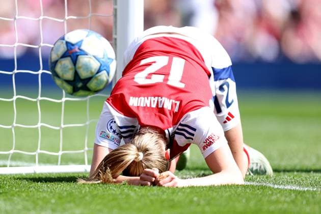 London, England, 19th April 2025. Frida Maanum of Arsenal reacts after missing a chance on goal during the Arsenal Women vs Olympique Lyonnais UEFA Womens Champions League match at the Emirates Stadium, London. Picture credit should read: Paul Terry Sportimage EDITORIAL USE ONLY. No use with unauthorised audio, video, data, fixture lists, club league logos or live services. Online in-match use limited to 120 images, no video emulation. No use in betting, games or single club league player publications. SPI_039_PT_Arsenal_w_Lyon_W SPI-3848-0042