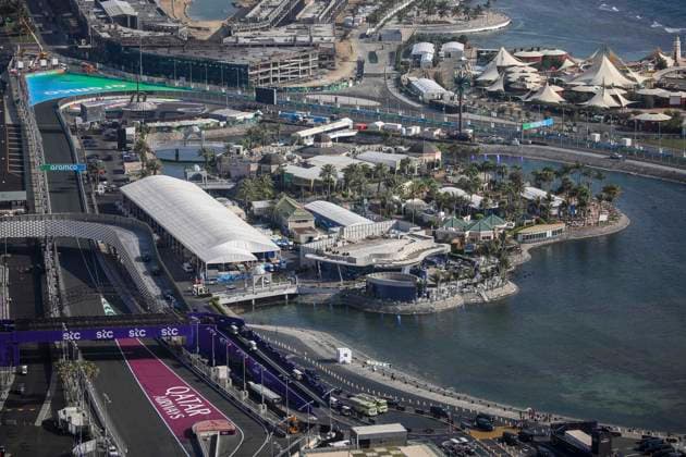 F1 - SAUDI ARABIAN GRAND PRIX 2025 Aerial view of Jeddah Corniche Circuit during the Formula 1 STC Saudi Arabian Grand Prix 2025, 5th round of the 2025 FIA Formula One World Championship, WM, Weltmeisterschaft from April 18 to 20, 2025 on the Jeddah Corniche Circuit, in Jeddah, Saudi Arabia - JeddahSaudi Arabia  Copyright: xXavixBonillax