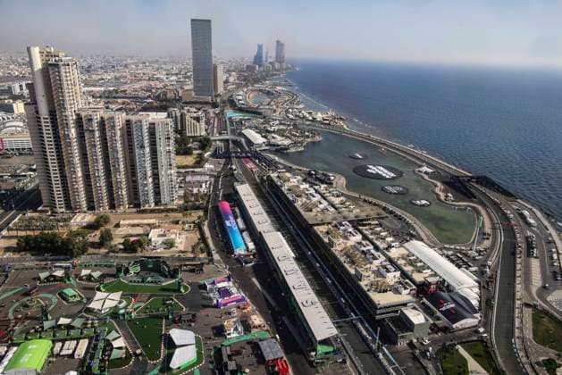F1 - SAUDI ARABIAN GRAND PRIX 2025 Aerial view of Jeddah Corniche Circuit during the Formula 1 STC Saudi Arabian Grand Prix 2025, 5th round of the 2025 FIA Formula One World Championship, WM, Weltmeisterschaft from April 18 to 20, 2025 on the Jeddah Corniche Circuit, in Jeddah, Saudi Arabia - JeddahSaudi Arabia  Copyright: xXavixBonillax
