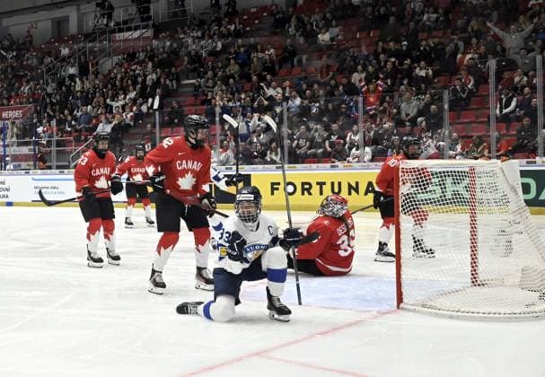 Finland s Michelle Karvinen celebrates her opening 0-1 goal behind Canada s goalkeeper Ann-Renee Desbiens during the IIHF Women s Ice hockey, Eishockey World Championship, WM, Weltmeisterschaft semifinal match between Canada and Finland in Ceske Budejovice, Czechia, on April 19, 2025. Ceske Budejovice Czechia LKFTJK20250419201608IGTD  Copyright: xEmmixKorhonenx LKFTJK20250419201608IGTD