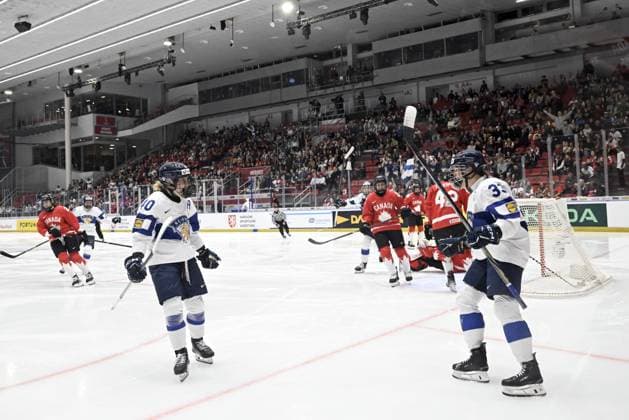 Finland s Michelle Karvinen (R) celebrates her opening 0-1 goal with team mate Noora Tulus (40) during the IIHF Women s Ice hockey, Eishockey World Championship, WM, Weltmeisterschaft semifinal match between Canada and Finland in Ceske Budejovice, Czechia, on April 19, 2025. Ceske Budejovice Czechia LKFTJK20250419201737EVWL  Copyright: xEmmixKorhonenx LKFTJK20250419201737EVWL