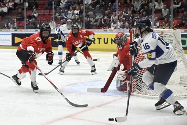 Finland s Petra Nieminen (R) looks for a pass at the goal of Canada s goalkeeper Ann-Renee Desbiens during the IIHF Women s Ice hockey, Eishockey World Championship, WM, Weltmeisterschaft semifinal match between Canada and Finland in Ceske Budejovice, Czechia, on April 19, 2025, left Canada s Ella Shelton. Ceske Budejovice Czechia LKFTJK20250419202121WSHF  Copyright: xEmmixKorhonenx LKFTJK20250419202121WSHF