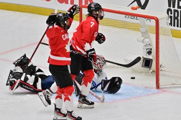 Goalkeeper Emilia Kyrkko of Finland gives up a goal during the Ice hockey, Eishockey IIHF WomenÂ s World Championship, WM, Weltmeisterschaft semifinal match Canada vs Finland, Ceske Budejovice, Czech Republic, April 19, 2025. (CTKxPhoto VaclavxPancer) CTKPhotoP2025041904966  CTKPhotoP2025041904966