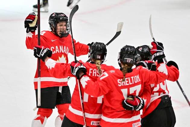 Jennifer Gardiner of Canada, left, celebrates a goal with her teammates during the Ice hockey, Eishockey IIHF WomenÂ s World Championship, WM, Weltmeisterschaft semifinal match Canada vs Finland, Ceske Budejovice, Czech Republic, April 19, 2025. (CTKxPhoto VaclavxPancer) CTKPhotoP2025041905187  CTKPhotoP2025041905187