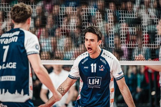 Volleyball Men Season 2024 2025 1 Volleyball Bundesliga Men Semifinal SVG Lüneburg vs VfB Friedrichshafen 19 04 2025 Xander Wolf Wassenaar Ketrzynski 11, SVG Lüneburg cheers Lüneburg LKH Arena Niedersachsen Germany