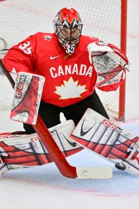 Goalkeeper Ann-Renee Desbiens of Canada in action during the Ice hockey, Eishockey IIHF WomenÂ s World Championship, WM, Weltmeisterschaft semifinal match Canada vs Finland, Ceske Budejovice, Czech Republic, April 19, 2025. (CTKxPhoto VaclavxPancer) CTKPhotoP2025041905315  CTKPhotoP2025041905315