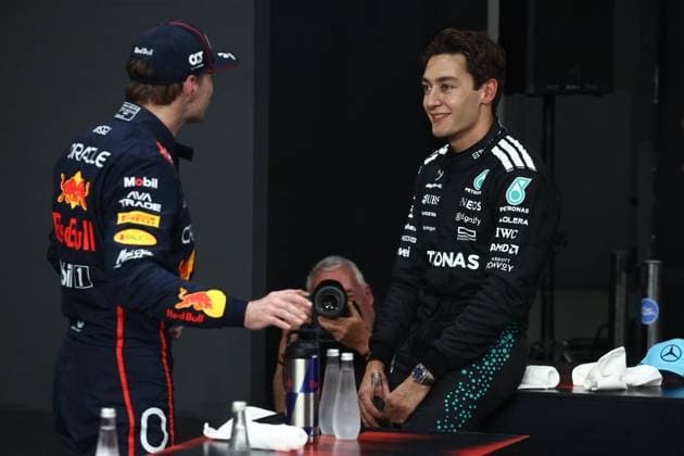 F1 Saudi Arabian Grand Prix 2025 Qualifying George Russell of Mercedes and Max Verstappen of Red Bull Racing after qualifying ahead of the Formula 1 Saudi Arabian Grand Prix at Jeddah Corniche Circuit in Jeddah, Saudi Arabia on April 19, 2025. Jeddah Saudi Arabia  Copyright: xJakubxPorzyckix originalFilename:porzycki-f1saudia250419_npTCv.jpg