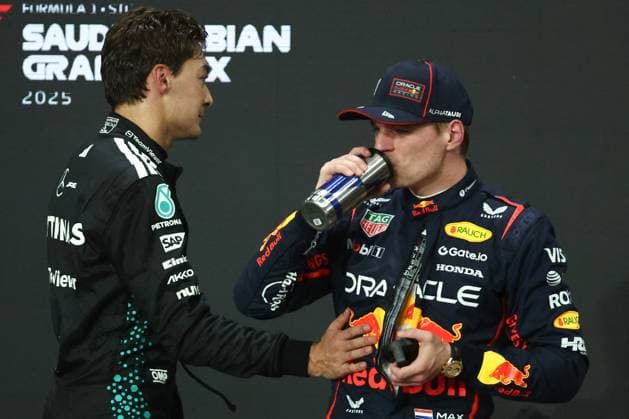 F1 Saudi Arabian Grand Prix 2025 Qualifying George Russell of Mercedes and Max Verstappen of Red Bull Racing after qualifying ahead of the Formula 1 Saudi Arabian Grand Prix at Jeddah Corniche Circuit in Jeddah, Saudi Arabia on April 19, 2025. Jeddah Saudi Arabia  Copyright: xJakubxPorzyckix originalFilename:porzycki-f1saudia250419_npV4l.jpg