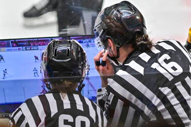 The referees review the replay of game based on a coaching call by Finland during the Ice hockey, Eishockey IIHF WomenÂ s World Championship, WM, Weltmeisterschaft semifinal match Canada vs Finland, Ceske Budejovice, Czech Republic, April 19, 2025. (CTKxPhoto VaclavxPancer) CTKPhotoP2025041905752  CTKPhotoP2025041905752