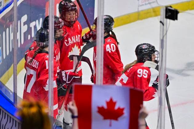 Renata Fast of Canada celebrates a goal with her teammates during the Ice hockey, Eishockey IIHF WomenÂ s World Championship, WM, Weltmeisterschaft semifinal match Canada vs Finland, Ceske Budejovice, Czech Republic, April 19, 2025. (CTKxPhoto VaclavxPancer) CTKPhotoP2025041905763  CTKPhotoP2025041905763