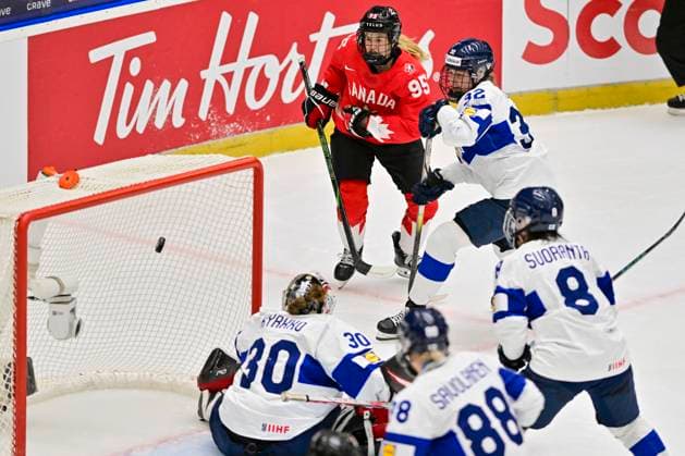 Goalkeeper Emilia Kyrkko of Finland, left, gives up a goal during the Ice hockey, Eishockey IIHF WomenÂ s World Championship, WM, Weltmeisterschaft semifinal match Canada vs Finland, Ceske Budejovice, Czech Republic, April 19, 2025. At back is Daryl Watts of Canada. (CTKxPhoto VaclavxPancer) CTKPhotoP2025041905766  CTKPhotoP2025041905766