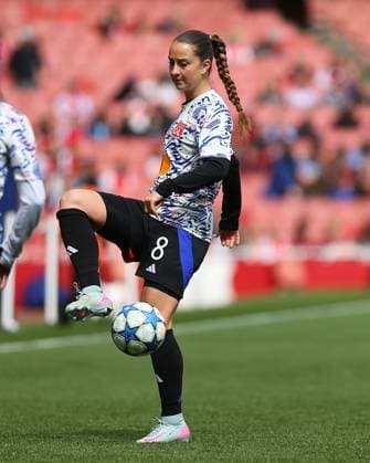 North London, England, April 19 2025: Sara Dabritz (8 Olympique Lyonnais) warms up before the UEFA Womens Champions League game between Arsenal and Olympique Lyonnais at Emirates Stadium in North London, England. (Jay Patel SPP) Copyright: xJayxPatel SPPx spp-en-JaPa-ARSvLYO_20250419_0142