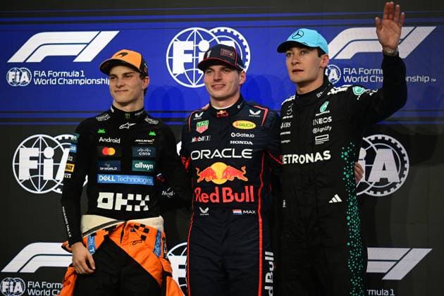 F1 Grand Prix of Saudi Arabia - Qualifying Oscar Piastri of McLaren F1 Team, Max Verstappen of Red Bull Racing Honda, and George Russell of Mercedes-AMG Petronas celebrate during qualifying for the Saudi Arabia GP, the 5th round of the Formula 1 World Championship, WM, Weltmeisterschaft at Jeddah Corniche Circuit in Jeddah, Saudi Arabia, on April 19, 2025 Jeddah Saudia Arabia  Copyright: xAndreaxDiodatox originalFilename:diodato-f1saudia250419_npTNR.jpg