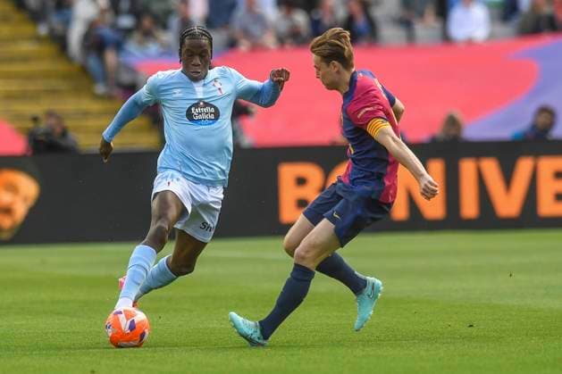 Spanish La Liga EA Sports soccer match FC Barcelona, Barca vs Celta at Montjuic Olympic stadium in Barcelona, Spain 19 April 2025 Ilaix Moriba and De Jong 900 Cordon Press  900 CordonxPress LOF - FC Barcelona vs Celta