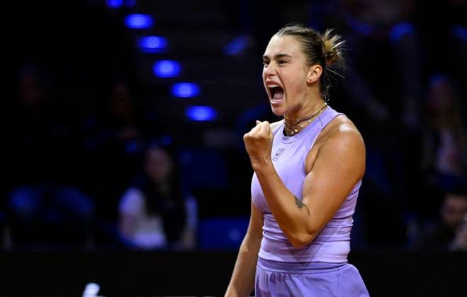 Aryna Sabalenka BLR jubilation, joy, emotion, emotional, cheers, happiness, happy, after winning the match and reaching the final Gesture Gesture Tennis Womens Porsche Cup Porsche Tennis Grand Prix GP Stuttgart 2025 Porsche Arena 20 04 2024 DFL REGULATIONS PROHIBIT ANY USE OF PHOTOGRAPHS AS IMAGE SEQUENCES AND OR QUASI VIDEO Tennis Womens Porsche Cup Porsche Tennis Grand Prix GP Stuttgart 2025