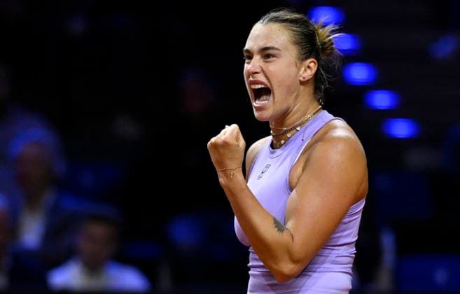 Aryna Sabalenka BLR jubilation, joy, emotion, emotional, cheers, happiness, happy, after winning the match and reaching the final Gesture Gesture Tennis Womens Porsche Cup Porsche Tennis Grand Prix GP Stuttgart 2025 Porsche Arena 20 04 2024 DFL REGULATIONS PROHIBIT ANY USE OF PHOTOGRAPHS AS IMAGE SEQUENCES AND OR QUASI VIDEO Tennis Womens Porsche Cup Porsche Tennis Grand Prix GP Stuttgart 2025