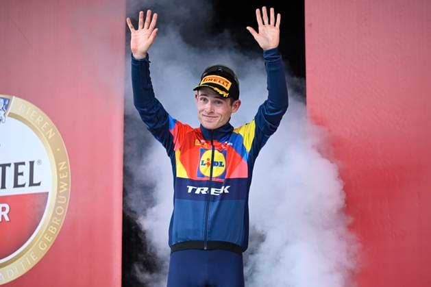 Amstel Gold Race 2025 cycling race VALKENBURG, THE NETHERLANDS - APRIL 20 : Skjelmose Mattias (DEN) of Lidl - Trek pictured during the podium ceremony of the Men Elite UCI World Tour 59th Amstel Gold Race cycling race with start in Maastricht and finish in Valkenburg (255,9 km) on April 20, 2025 in Valkenburg, The Netherlands, 20 04 2025 ( Motordriver Kenny Verfaillie & Valkenburg The Netherlands  Copyright: xNicoxVereeckenx