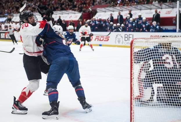 Sarah Nurse of Canada, left, and Haley Winn of USA in action during the Ice hockey, Eishockey IIHF WomenÂ s World Championship, WM, Weltmeisterschaft the gold medal match USA vs Canada, Ceske Budejovice, Czech Republic, April 20, 2025. (CTKxPhoto PetrxSkrivanek) CTKPhotoP2025042004470  CTKPhotoP2025042004470