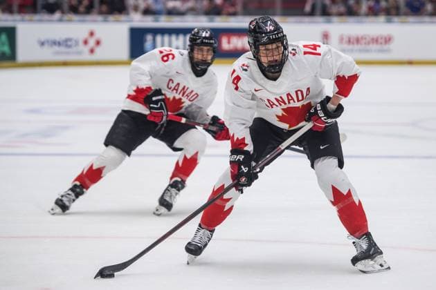 Emily Clark, left, and Renata Fast of Canada in action during the Ice hockey, Eishockey IIHF WomenÂ s World Championship, WM, Weltmeisterschaft the gold medal match USA vs Canada, Ceske Budejovice, Czech Republic, April 20, 2025. (CTKxPhoto PetrxSkrivanek) CTKPhotoP2025042004471  CTKPhotoP2025042004471