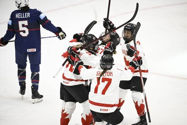 Team Canada celebrates the 2-1 goal during the IIHF Women s Ice hockey, Eishockey World Championship, WM, Weltmeisterschaft final match between USA and Canada in Ceske Budejovice, Czechia, on April 20, 2025. Ceske Budejovice Czechia LKFTFX20250420202915BDFU  Copyright: xEmmixKorhonenx LKFTFX20250420202915BDFU