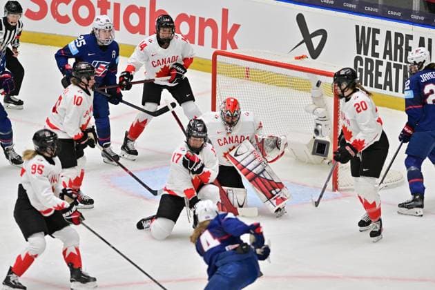Goalkeeper Ann-Renee Desbiens of Canada gives up a goal during the Ice hockey, Eishockey IIHF WomenÂ s World Championship, WM, Weltmeisterschaft the gold medal match USA vs Canada, Ceske Budejovice, Czech Republic, April 20, 2025. (CTKxPhoto VaclavxPancer) CTKPhotoP2025042004555  CTKPhotoP2025042004555