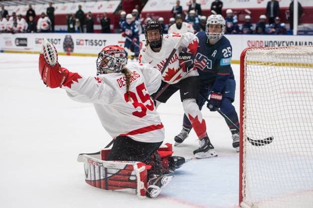(L-R) Goalkeeper Ann-Renee Desbiens of Canada, Renata Fast of Canada and Alex Carpenter of USA in action during the Ice hockey, Eishockey IIHF WomenÂ s World Championship, WM, Weltmeisterschaft the gold medal match USA vs Canada, Ceske Budejovice, Czech Republic, April 20, 2025. (CTKxPhoto PetrxSkrivanek) CTKPhotoP2025042004852  CTKPhotoP2025042004852
