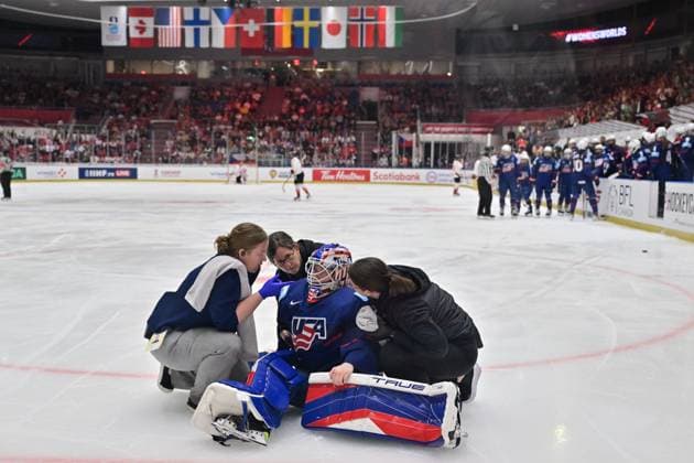 Goalkeeper Aerin Frankel of USA is treated after a collision during the Ice hockey, Eishockey IIHF WomenÂ s World Championship, WM, Weltmeisterschaft the gold medal match USA vs Canada, Ceske Budejovice, Czech Republic, April 20, 2025. (CTKxPhoto VaclavxPancer) CTKPhotoP2025042004933  CTKPhotoP2025042004933