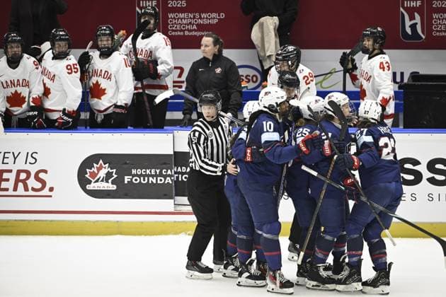 Team USA celebrates the 3-2 goal during the IIHF Women s Ice hockey, Eishockey World Championship, WM, Weltmeisterschaft final match between USA and Canada in Ceske Budejovice, Czechia, on April 20, 2025. Ceske Budejovice Czechia LKFTFX20250420211835GBOE  Copyright: xEmmixKorhonenx LKFTFX20250420211835GBOE