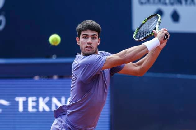 April 20, 2025, Barcelona, Barcelona, Spain: Carlos Alcaraz of Spain in actions against Holger Rune of Denmark during the final tennis match of the Barcelona Open Banc Sabadell - Conde Godo 2025 Day 7 at Real Club De Tenis Barcelona on April 20, 2025 in Barcelona, Spain. Barcelona Spain - ZUMAa181 20250420_zaa_a181_093 Copyright: xJavierxBorregox