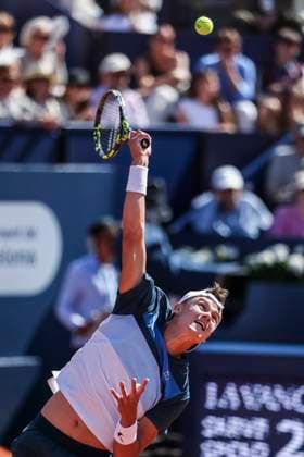 April 20, 2025, Barcelona, Barcelona, Spain: Holger Rune of Denmark in actions against Carlos Alcaraz of Spain during the final tennis match of the Barcelona Open Banc Sabadell - Conde Godo 2025 Day 7 at Real Club De Tenis Barcelona on April 20, 2025 in Barcelona, Spain. Barcelona Spain - ZUMAa181 20250420_zaa_a181_110 Copyright: xJavierxBorregox