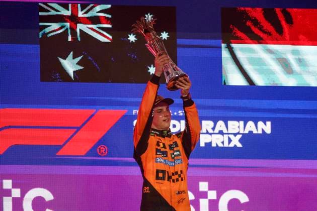 F1 - SAUDI ARABIAN GRAND PRIX 2025 PIASTRI Oscar (aus), McLaren F1 Team MCL39, portrait podium during the Formula 1 STC Saudi Arabian Grand Prix 2025, 5th round of the 2025 FIA Formula One World Championship, WM, Weltmeisterschaft from April 18 to 20, 2025 on the Jeddah Corniche Circuit, in Jeddah, Saudi Arabia - JeddahSaudi Arabia  Copyright: xXavixBonillax