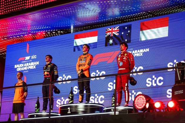 F1 - SAUDI ARABIAN GRAND PRIX 2025 PIASTRI Oscar (aus), McLaren F1 Team MCL39, VERSTAPPEN Max (ned), Red Bull Racing RB21, LECLERC Charles (mco), Scuderia Ferrari SF-25, portrait during the Formula 1 STC Saudi Arabian Grand Prix 2025, 5th round of the 2025 FIA Formula One World Championship, WM, Weltmeisterschaft from April 18 to 20, 2025 on the Jeddah Corniche Circuit, in Jeddah, Saudi Arabia - JeddahSaudi Arabia Copyright: xFLORENTxGOODENx