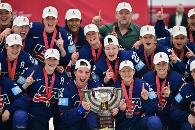 US players with trophy celebrate after winning the Ice hockey, Eishockey IIHF WomenÂ s World Championship, WM, Weltmeisterschaft the gold medal match USA vs Canada, Ceske Budejovice, Czech Republic, April 20, 2025. (CTKxPhoto VaclavxPancer) CTKPhotoP2025042005622  CTKPhotoP2025042005622